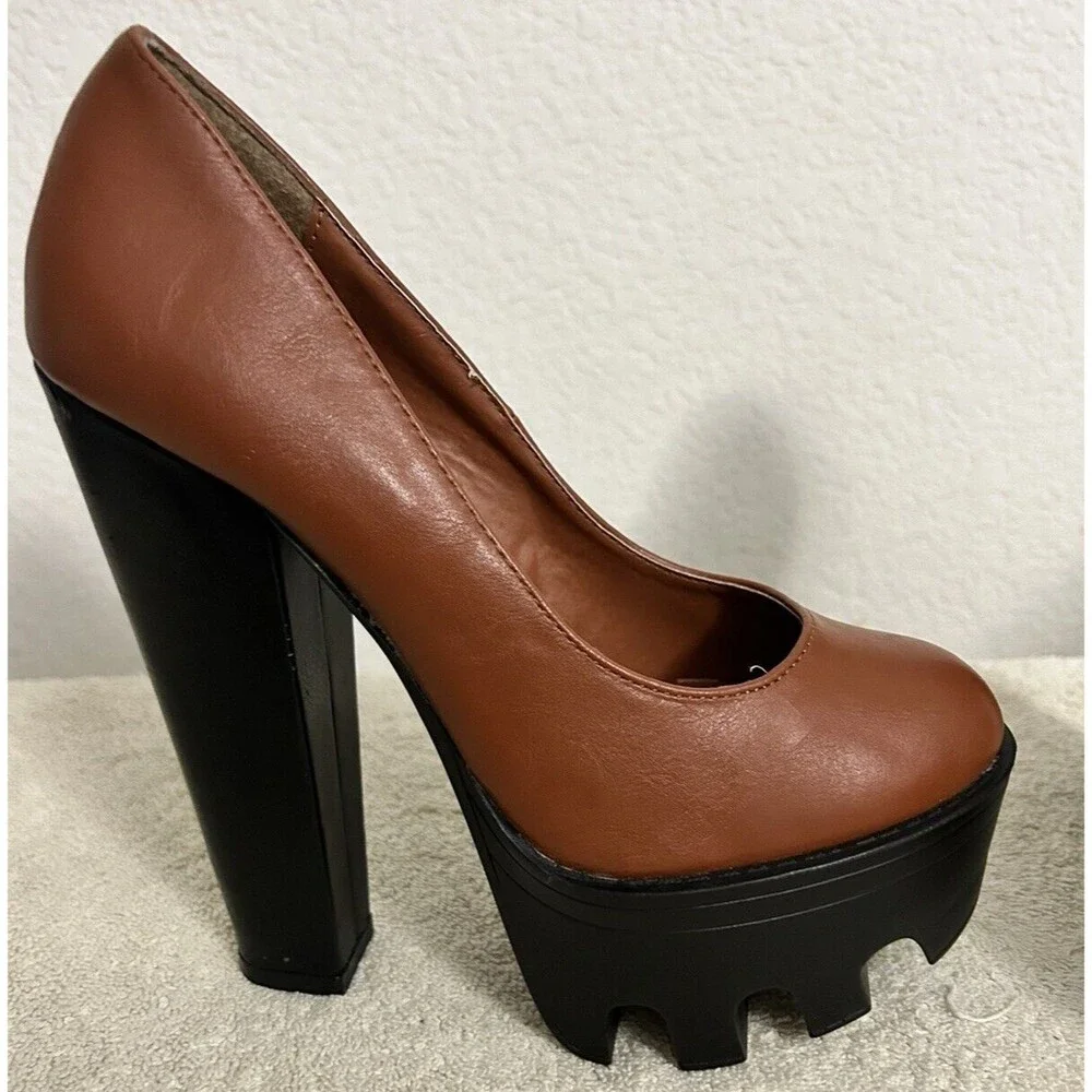HRH Women's Platform Block High Heels Chunky Shoes Brown and Black Size 6 1/2